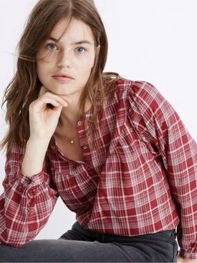 Madewell Women's Red Plaid Button-Front Peasant Top NWT